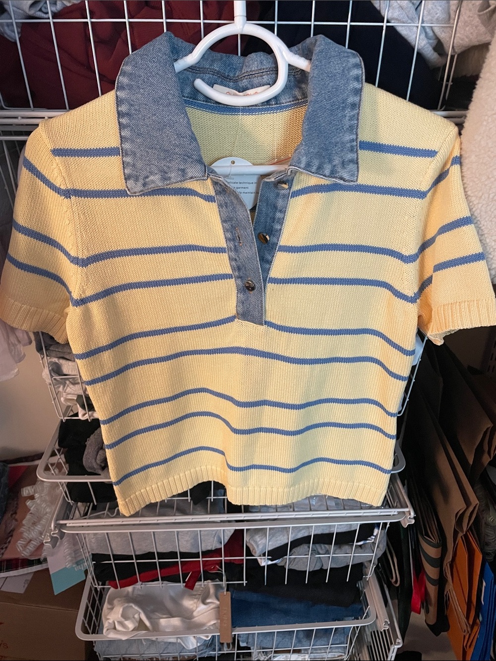 Olivaceous Yellow Knit Polo with Blue Stripes and Denim Collar